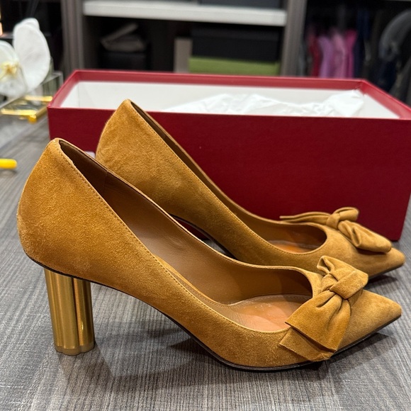 Salvatore Ferragamo Ochre Suede Heels with Metallic Gold Heel